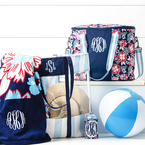 navy clear beach tote with cooler and beach towel