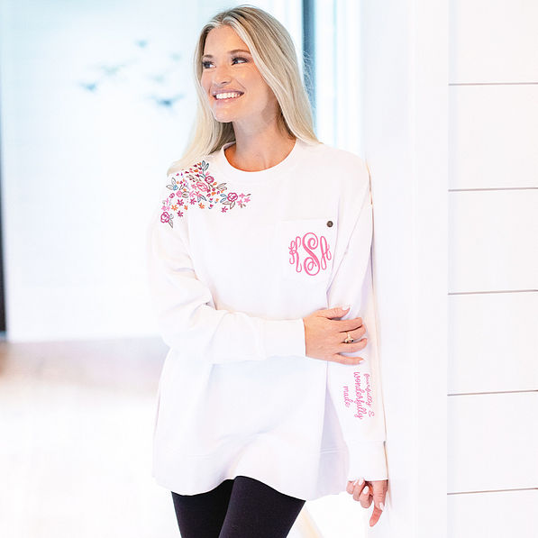 white personalized faith sweatshirt on ashley
