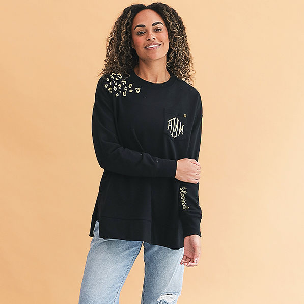 monogrammed black blessed sweatshirt with jeans cropped