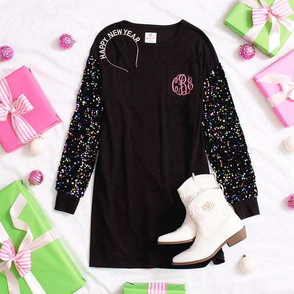 new year headband with sequin dress flatlay