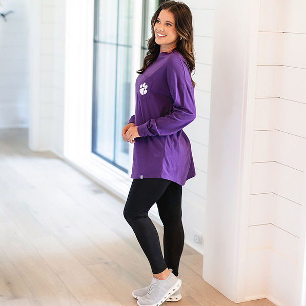 clemson long sleeve shirt on peyton - side view