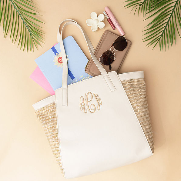 bone tropical travel tote flatlay