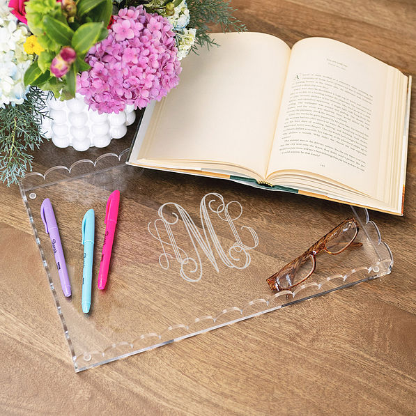 personalized scalloped acrylic tray with book
