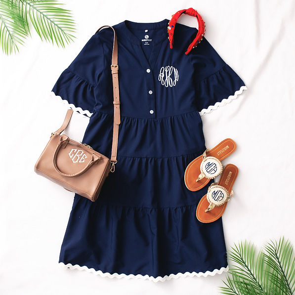 monogrammed ric rac navy dress with handbag and sandals