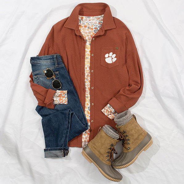clemson waffle button down shirt in pumpkin flatlay