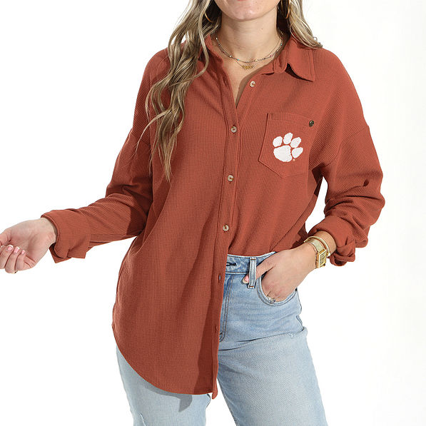 clemson waffle button down shirt in pumpkin on ally