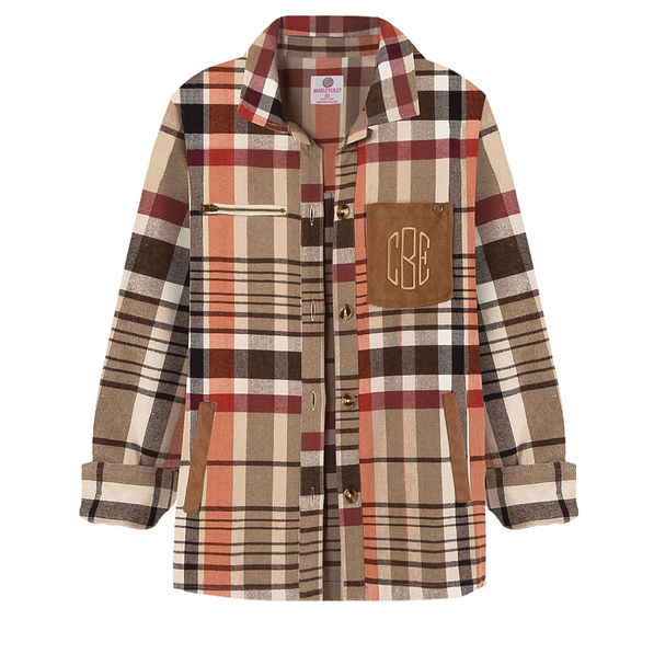 Monogrammed Plaid Shirt Jacket in Pumpkin