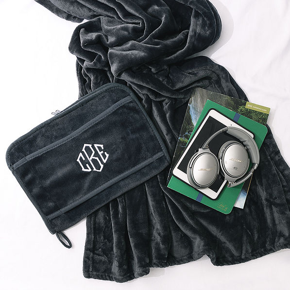 charcoal monogrammed travel pillow blanket with headphones