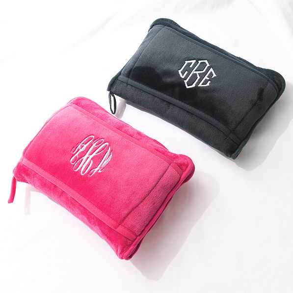 hot pink and charcoal monogrammed travel blanket pillows