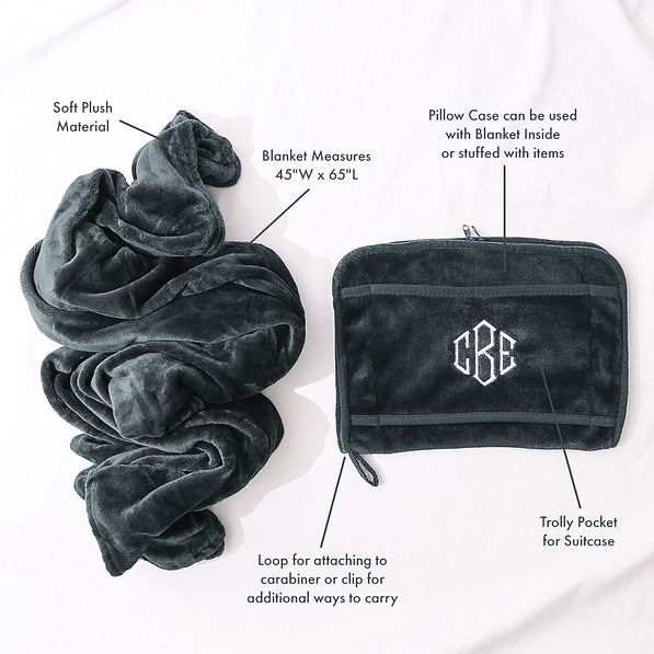 charcoal monogammed travel blanket pillow infographic