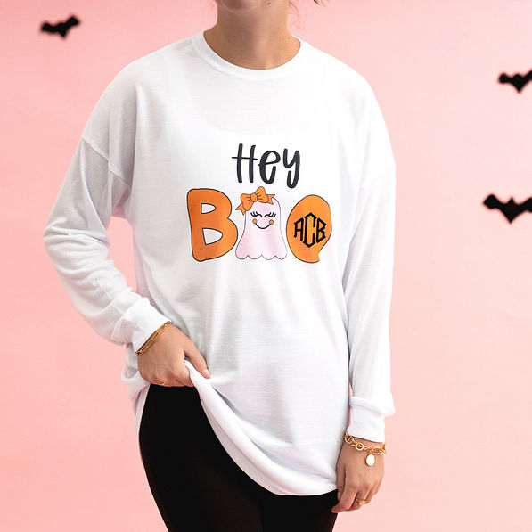hey boo long sleeve shirt with bats in background