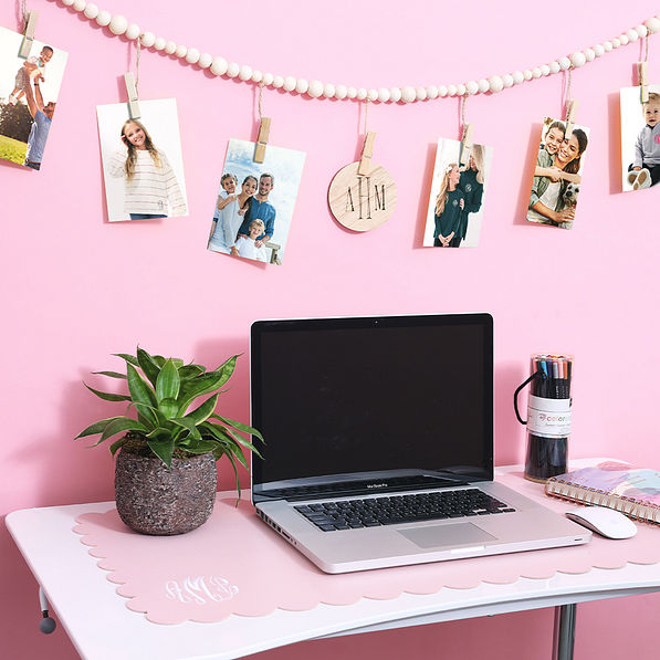 family photos on monogrammed wood garland