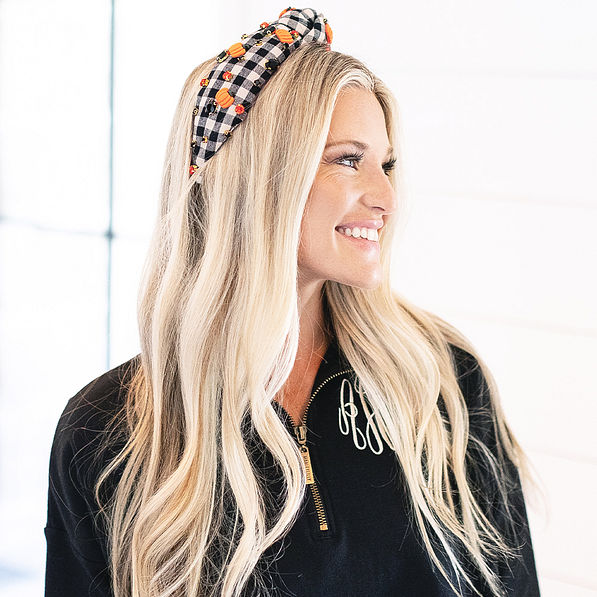pumpkin black and white checkered headband in hair