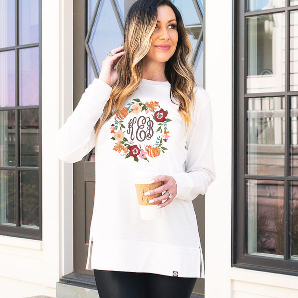 personalized autumn wreath crewneck sweatshirt on porch