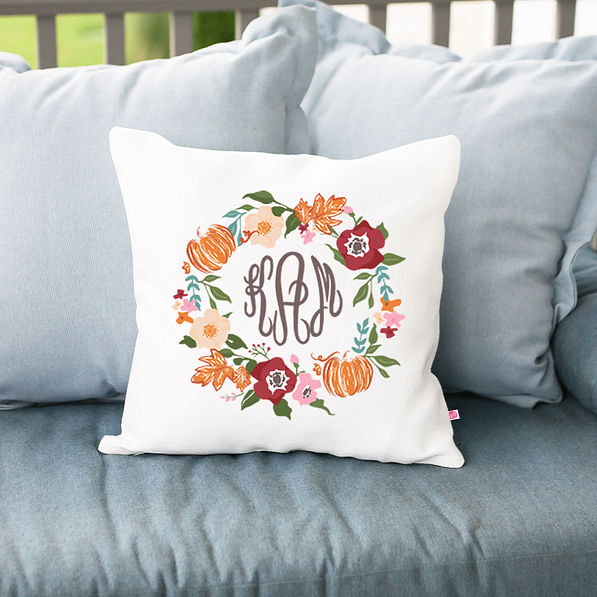 autumn wreath fall pillow on blue cashions