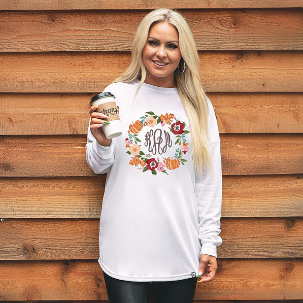personalized long sleeve shirt with autumn wreath