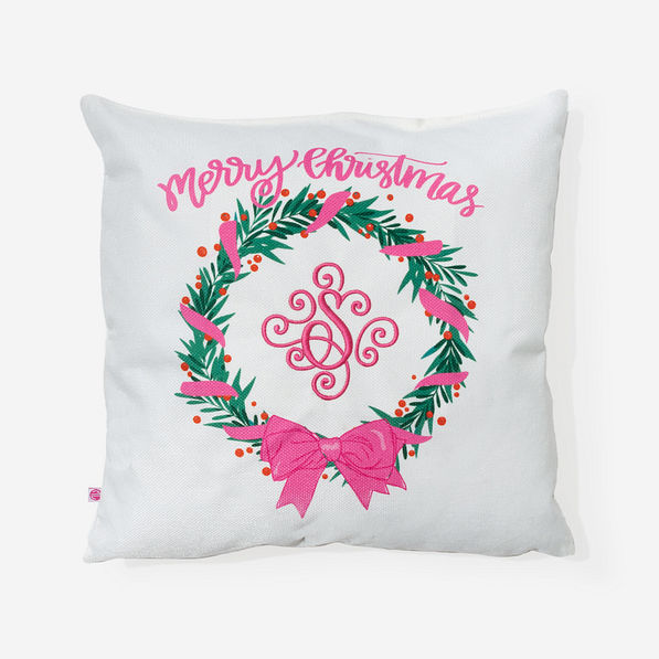 monogrammed christmas pillow sham in pink wreath