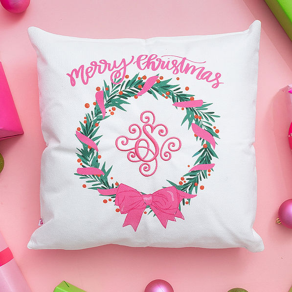 personalized christmas pillow sham in christmas pink wreath with presents