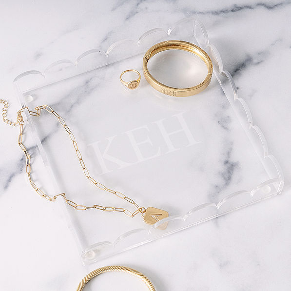 personalized scalloped valet tray with jewelry