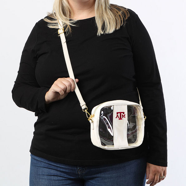 texas a and m aggies clear crossbody in bone on girl wearing black long sleeve shirt