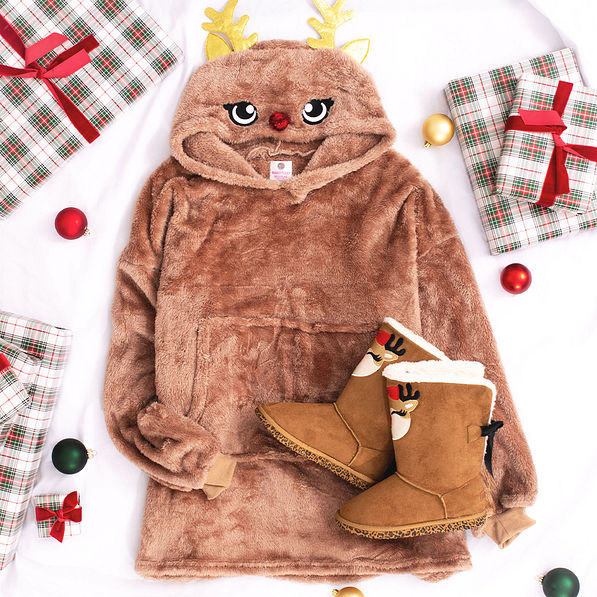 reindeer sherpa tie booties in leopard sole with presents