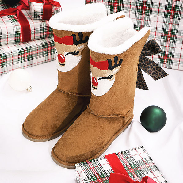 reindeer sherpa booties with leopard tie