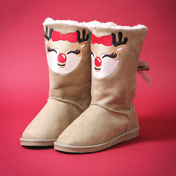 tan sherpa tie reindeer christmas booties