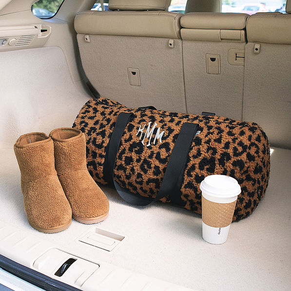 monogrammed sherpa hickory leopard duffel with sherpa booties