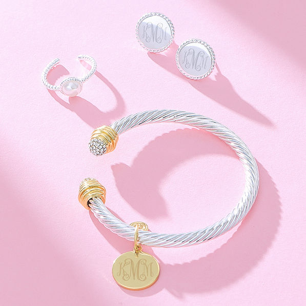 nala earrings with monogrammed cable bracelet and pearl ring