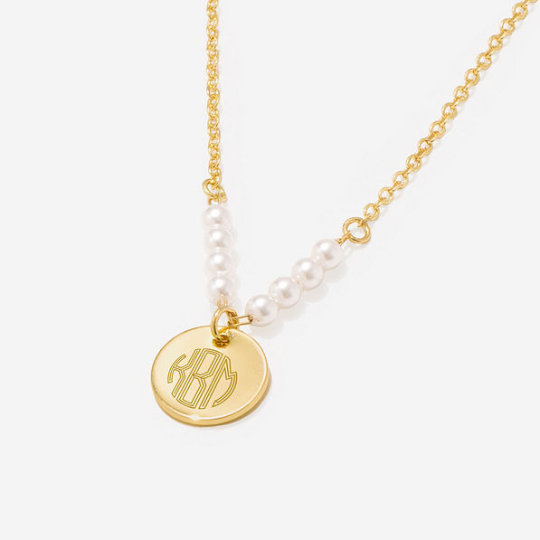 monogrammed pearl necklace in gold upclose round block