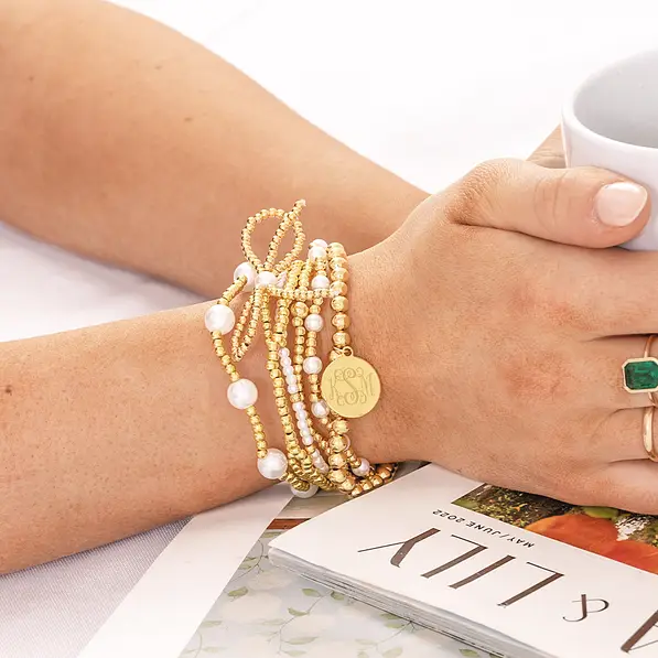 Monogrammed Pearl Bow Bracelet Stack