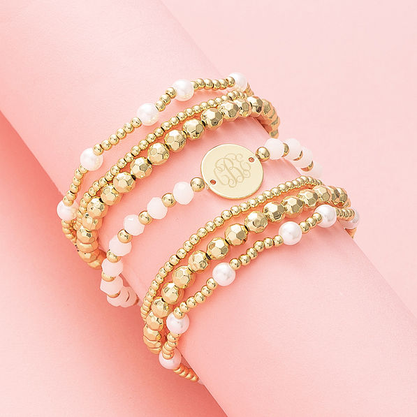 gold pearl personalized beaded bracelet stack