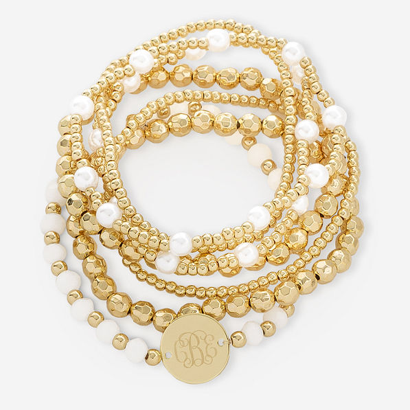 monogrammed beaded bracelet stack in gold