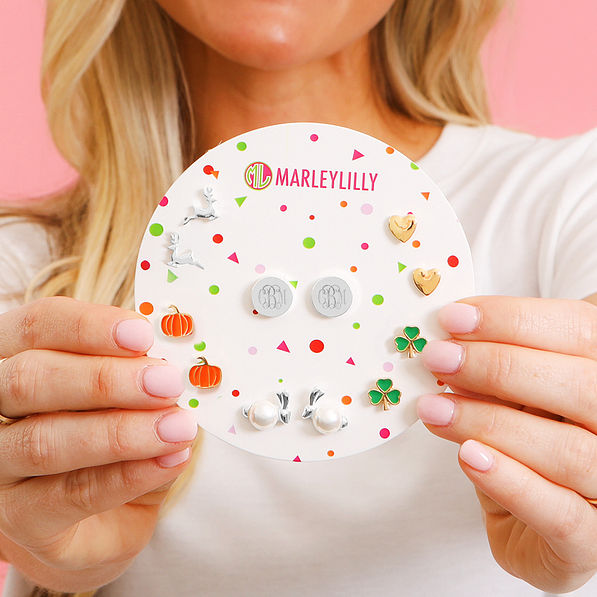 monogrammed year round earring set held up