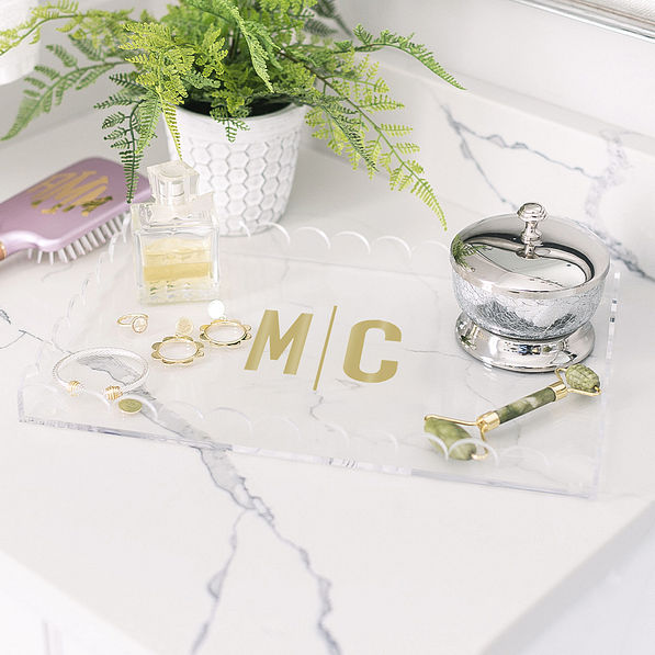 monogrammed acrylic scalloped catch all tray on counter vinyl