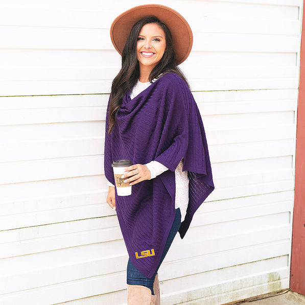 lsu purple monogrammed poncho with riding boots side