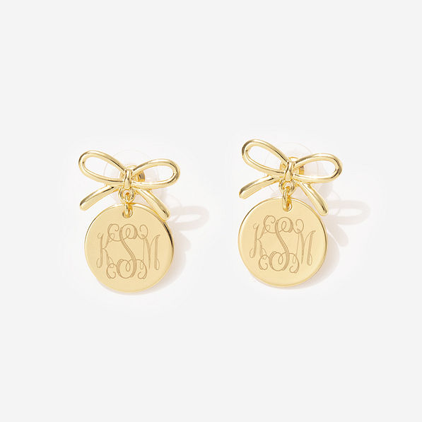 Monogrammed Bow Dangle Earrings in Gold