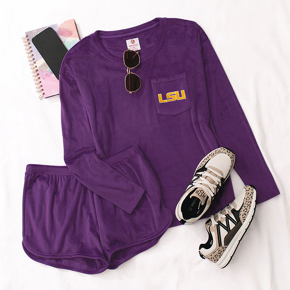 lsu tigers softspun lounge set in purple flatlay