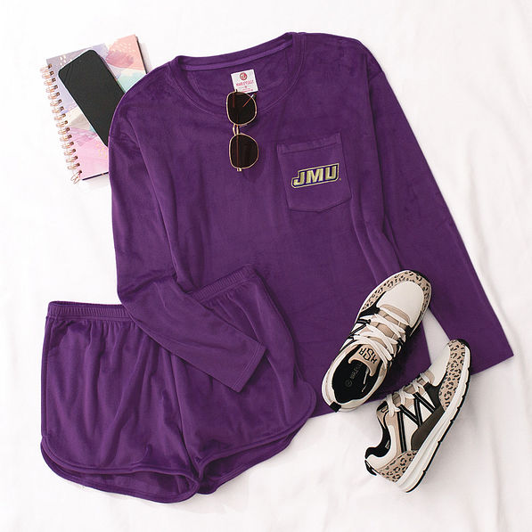 JMU Softspun lounge set in violet flatlay