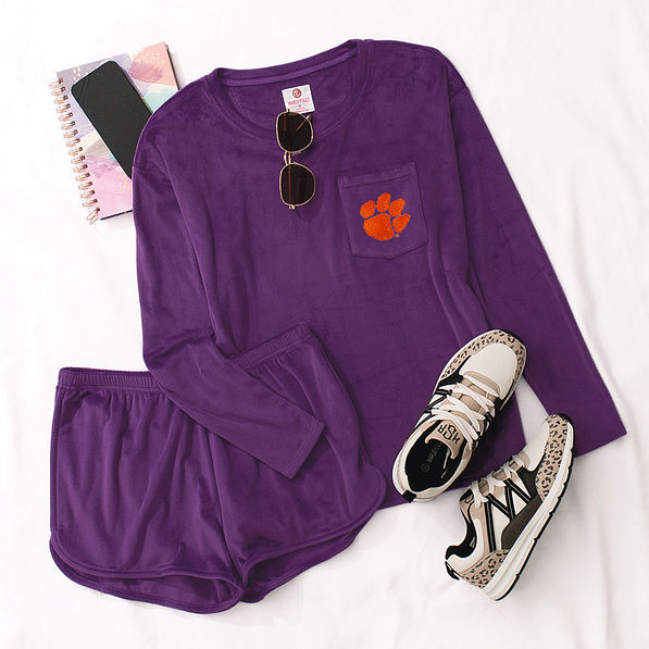Clemson Tigers Softspun Lounge Set in Violet flatlay