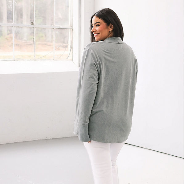 back of heathered gray sweatshirt cardigan