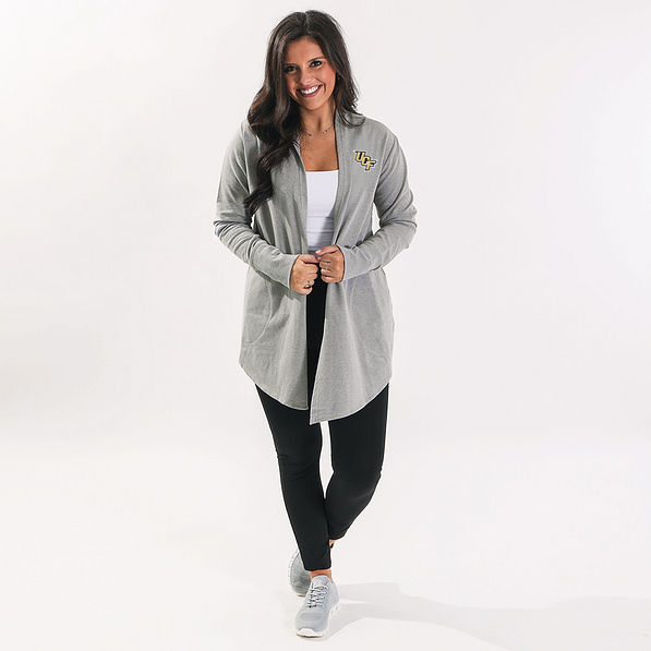 ucf Knights model wearing heathered gray cardigan with sneakers