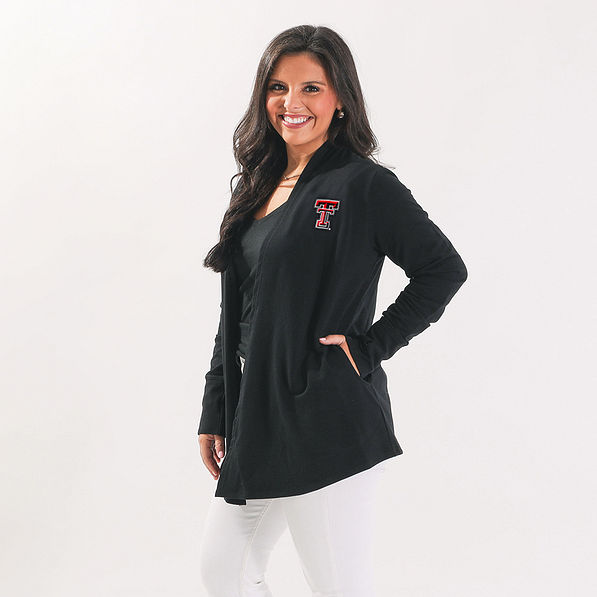 texas tech red raiders model wearing black sweatshirt cardigan side view