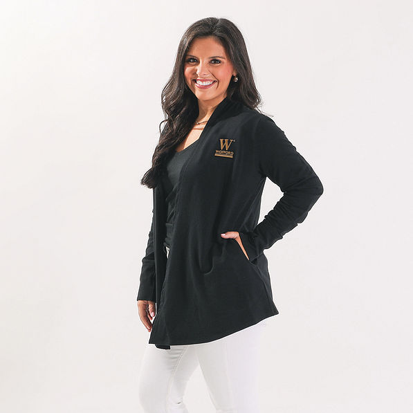 wofford terriers model wearing black sweatshirt cardigan side view