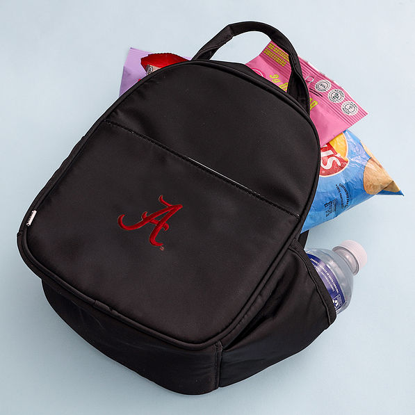 alabama crimson lunch box in black with snacks
