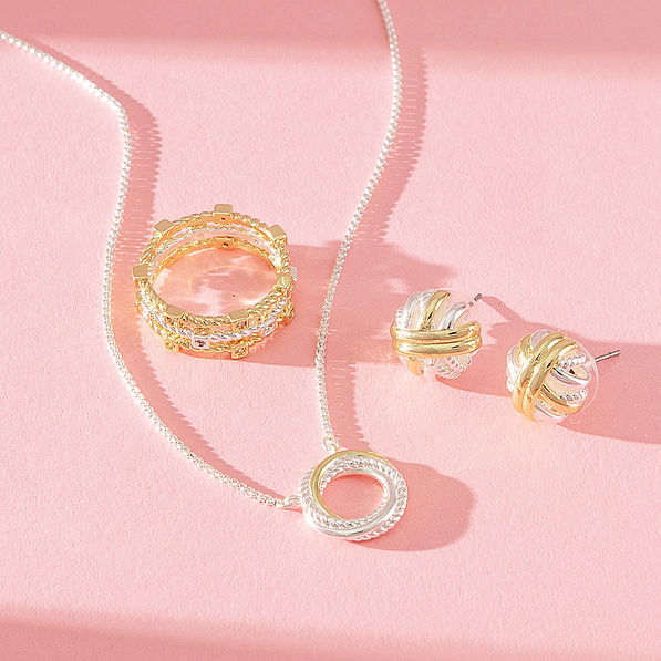 cable pendant necklace in silver and gold with cable earrings and ring stack