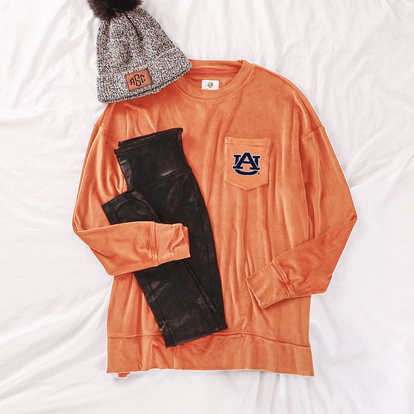 auburn tigers orange velour sweatshirt with leggings and sneakers