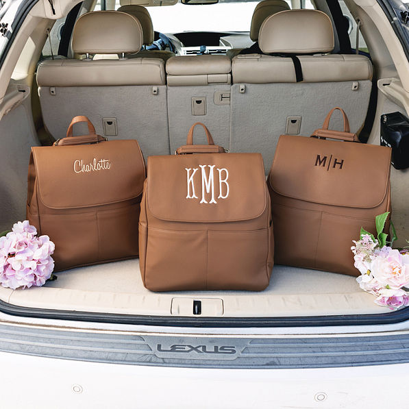personalized diaper bag with 3 different fonts in car