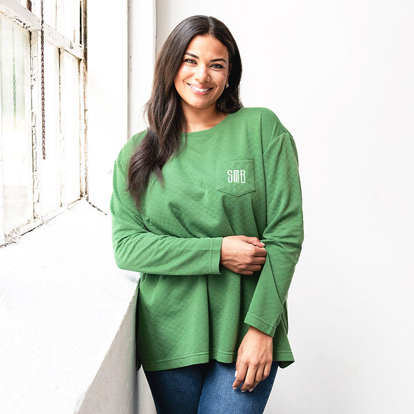 sage quilted sweatshirt on julia