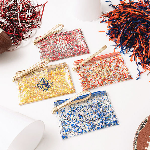 crimson gold orange and blue monogrammed glitter wristlet pouches